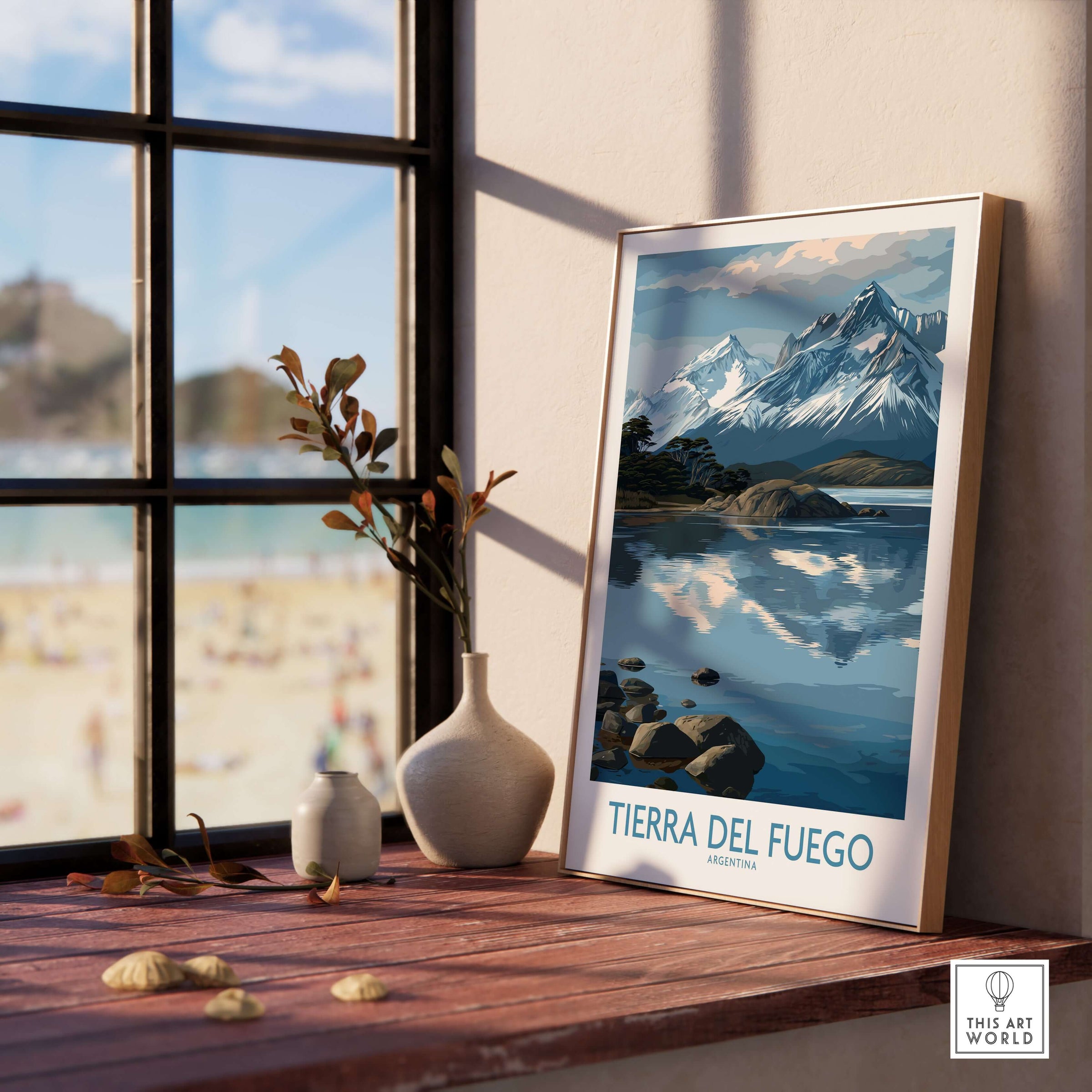 Tierra del Fuego Argentina Art Print | Glacial Lake Poster displayed in a bright interior near a window.