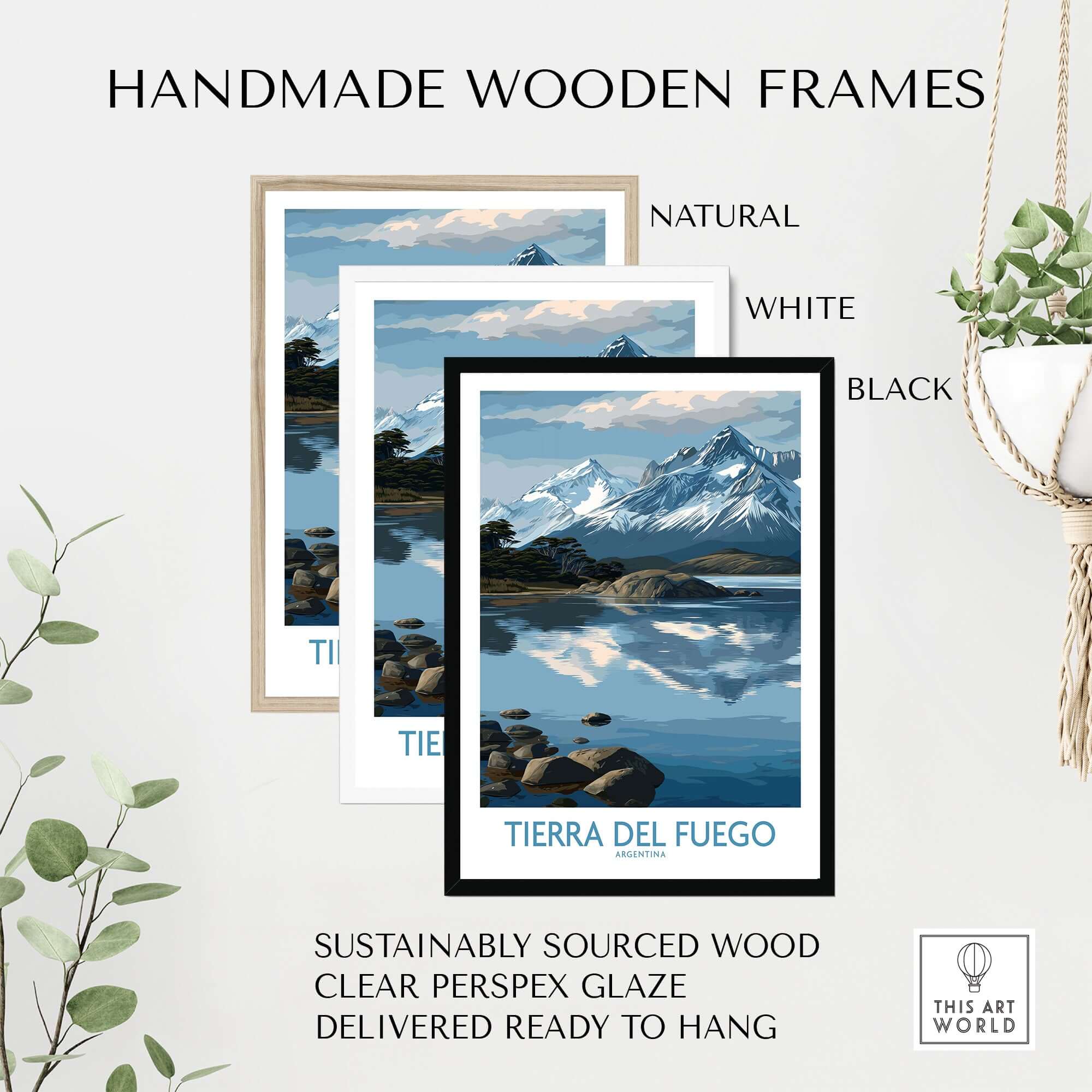 Handmade wooden frames in natural, white, and black showcasing Tierra del Fuego Argentina Art Print | Glacial Lake Poster.