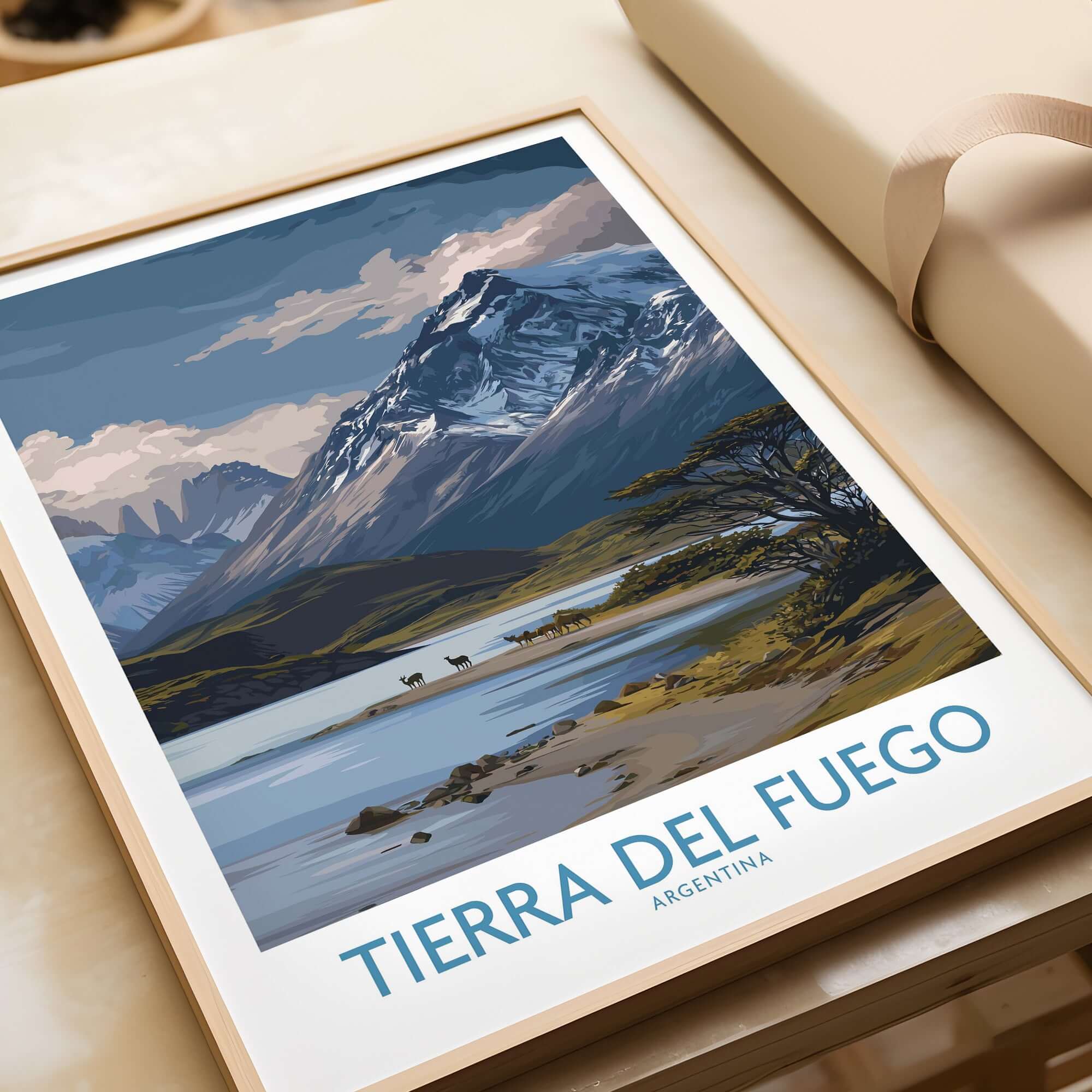 Tierra del Fuego Argentina Patagonian Wildlife Art Print | Snow-Capped Mountain Poster featuring stunning landscape.