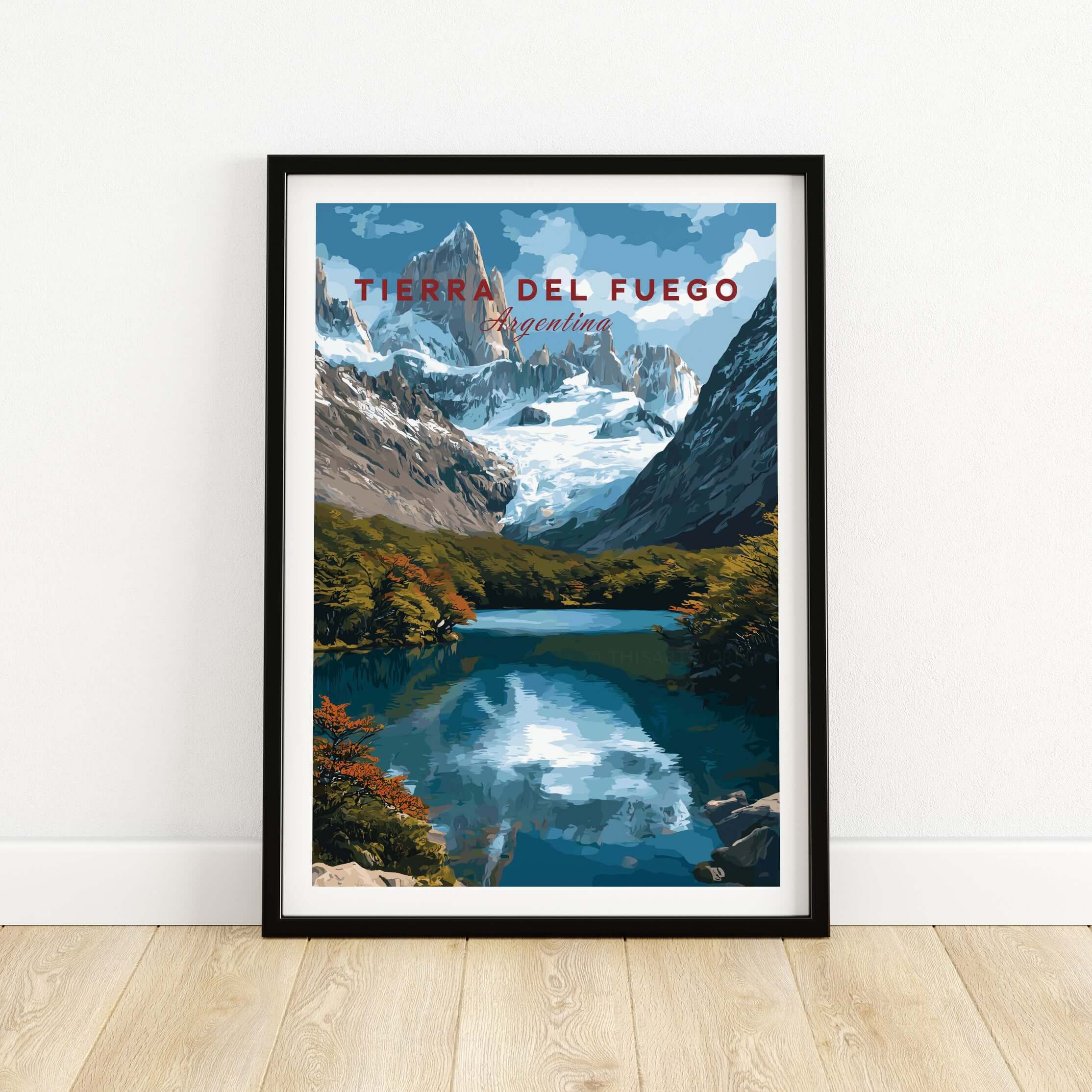 Tierra del Fuego Austral Andes Valley View Print | Patagonia Poster featuring stunning mountains and a reflective lake.