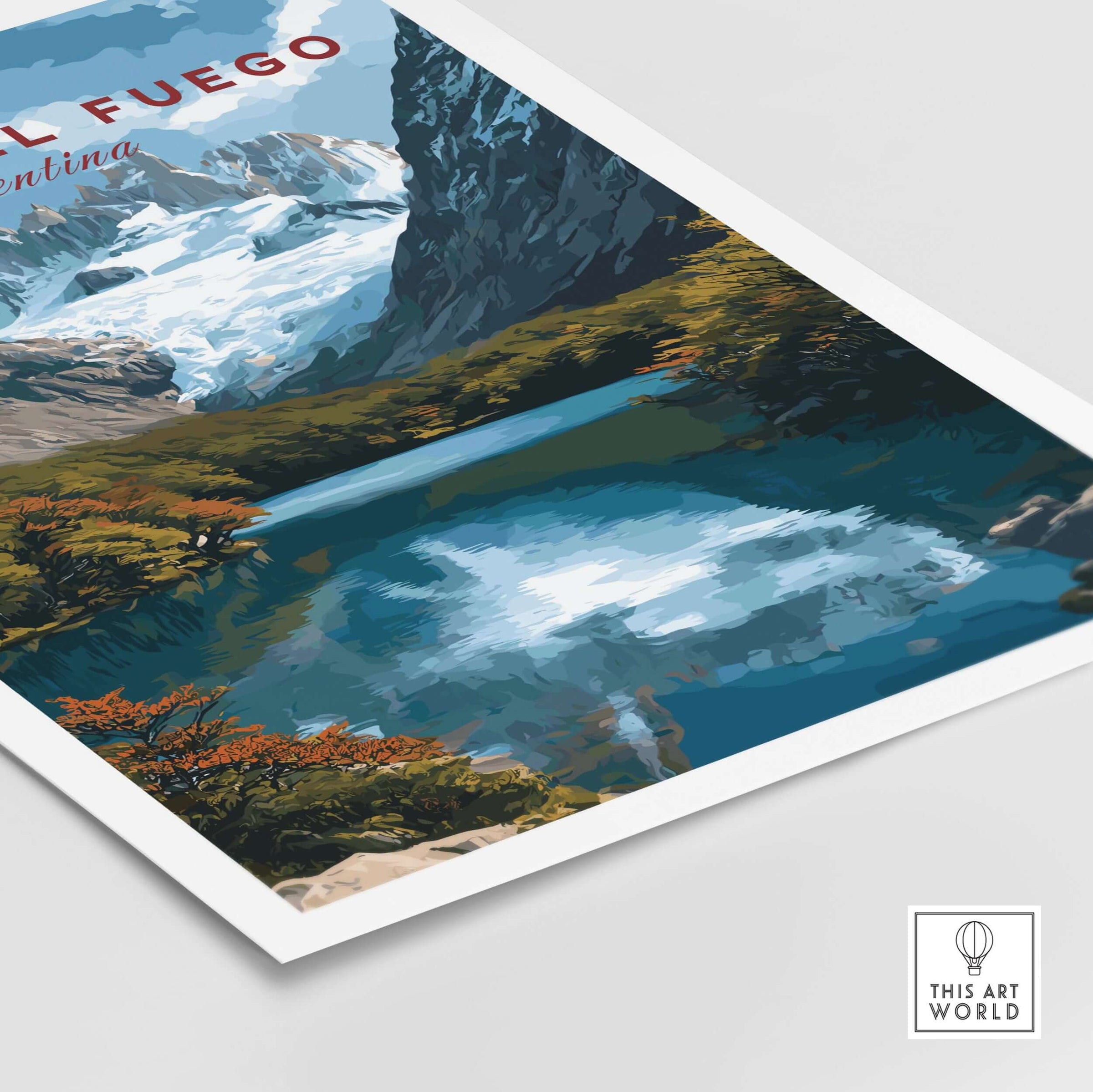 Tierra del Fuego Austral Andes Valley View Print | Patagonia Poster showcasing a dramatic landscape with mountains and a lake.