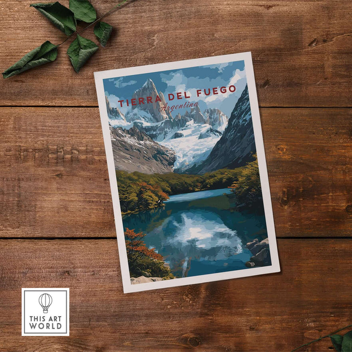 Tierra del Fuego Austral Andes Valley View Print | Patagonia Poster showcasing mountains and a tranquil lake.