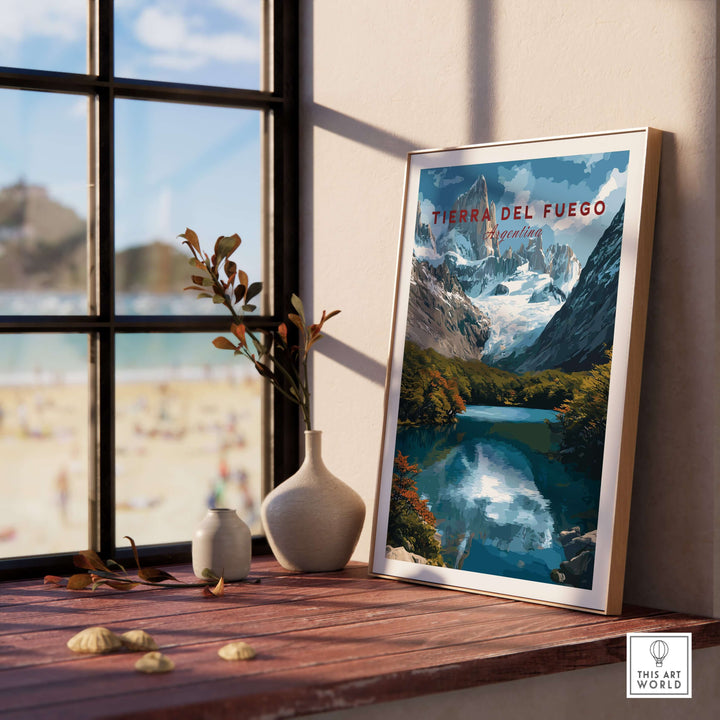 Tierra del Fuego Austral Andes Valley View Print | Patagonia Poster displayed on a table by a window with natural light.