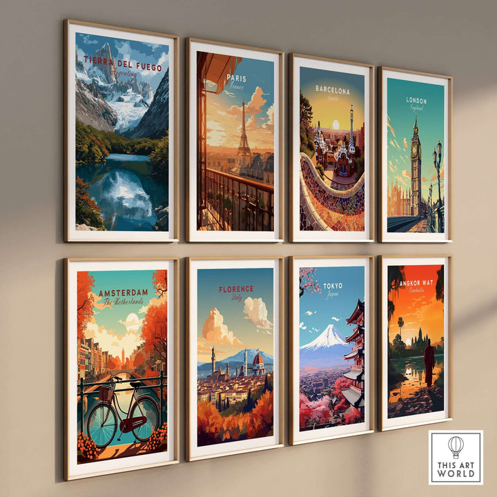 Tierra del Fuego Austral Andes Valley View Print | Patagonia Poster displayed among various city posters in a gallery wall.