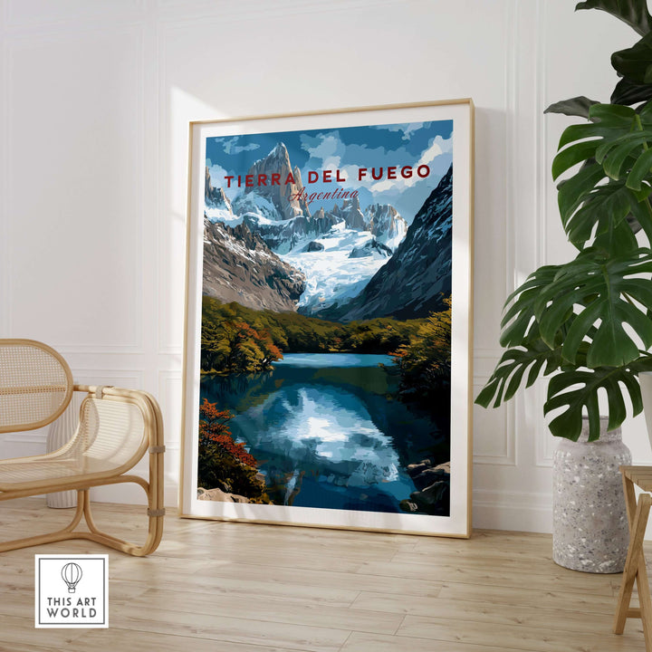 Tierra del Fuego Austral Andes Valley View Print | Patagonia Poster displayed in a modern living room with plants.