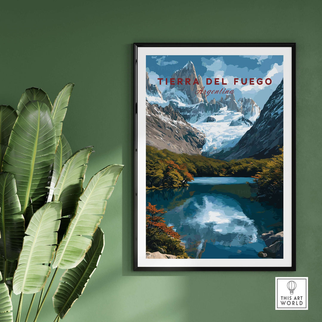 Tierra del Fuego Austral Andes Valley View Print | Patagonia Poster showcased in a modern interior with green plants.