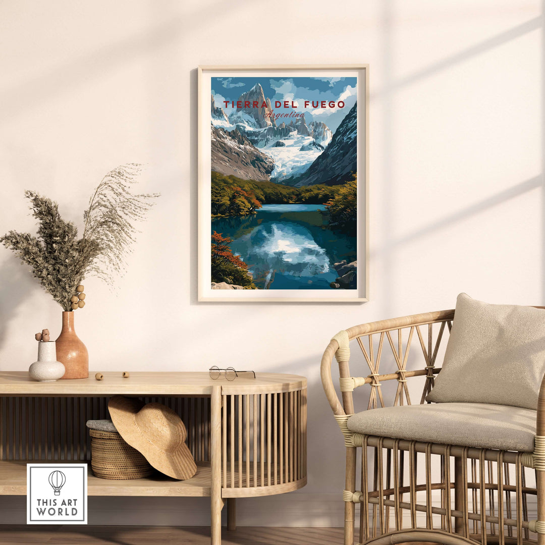 Tierra del Fuego Austral Andes Valley View Print | Patagonia Poster displayed in a modern living room setting.