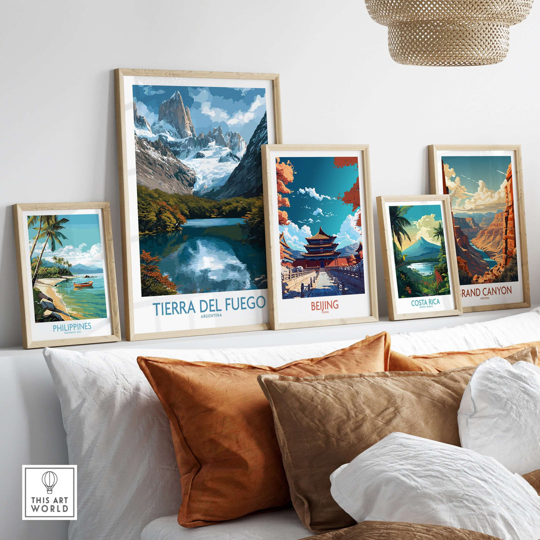 Tierra del Fuego Argentina Fitz Roy Glacier Art Print | Mountain Lake Poster displayed on a wall with other travel art prints.