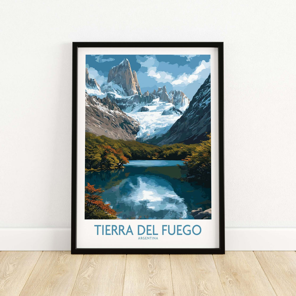 Tierra del Fuego Argentina Fitz Roy Glacier Art Print | Mountain Lake Poster showcasing iconic mountain and serene lake.