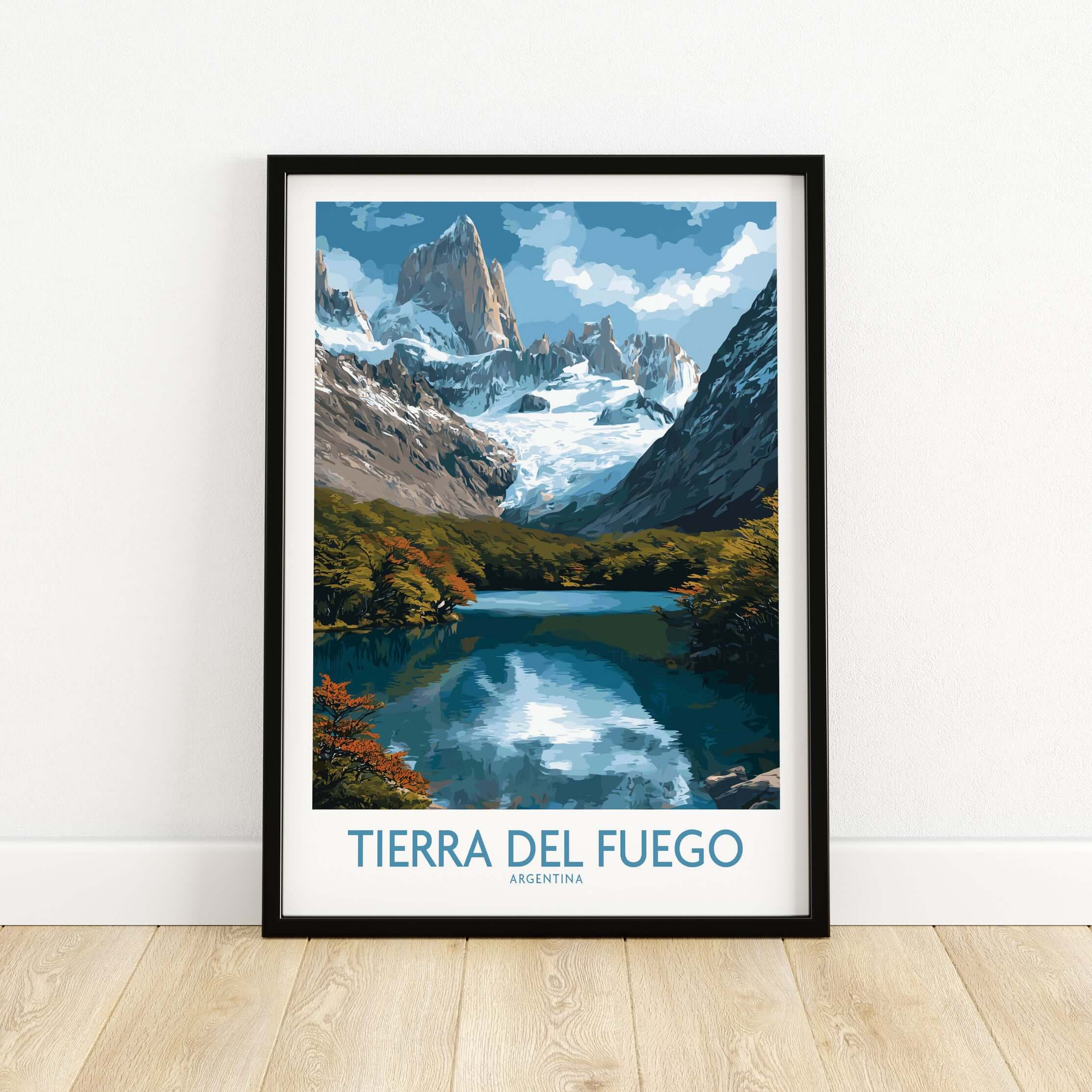 Tierra del Fuego Argentina Fitz Roy Glacier Art Print | Mountain Lake Poster showcasing stunning mountain and lake scenery.