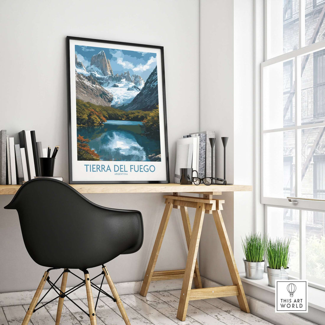 Tierra del Fuego Argentina Fitz Roy Glacier Art Print | Mountain Lake Poster displayed in a modern interior with a chair and desk.