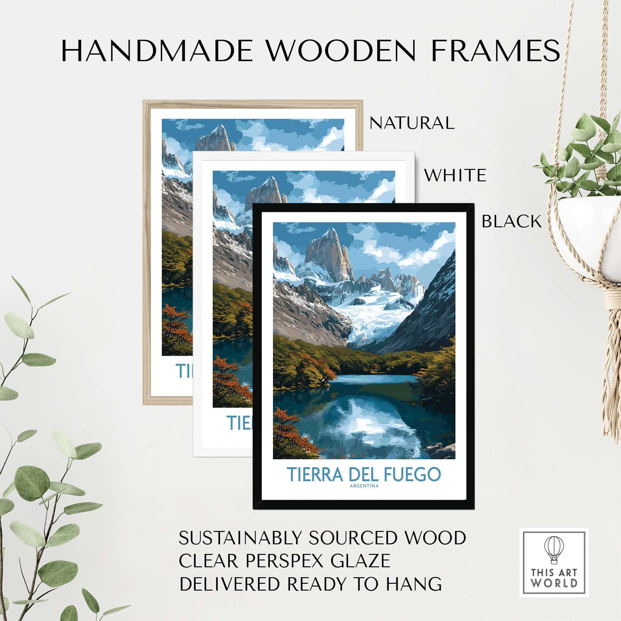 Handmade wooden frames in natural, white, and black finishes for Tierra del Fuego Argentina Fitz Roy Glacier Art Print | Mountain Lake Poster.