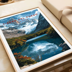 Tierra del Fuego Austral Andes Valley View Print | Patagonia Poster showcasing a serene lake and majestic mountains.