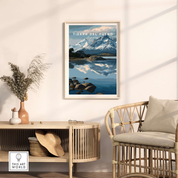 Tierra del Fuego Patagonian Alps Landscape Print | South America Poster displayed in a stylish home interior.