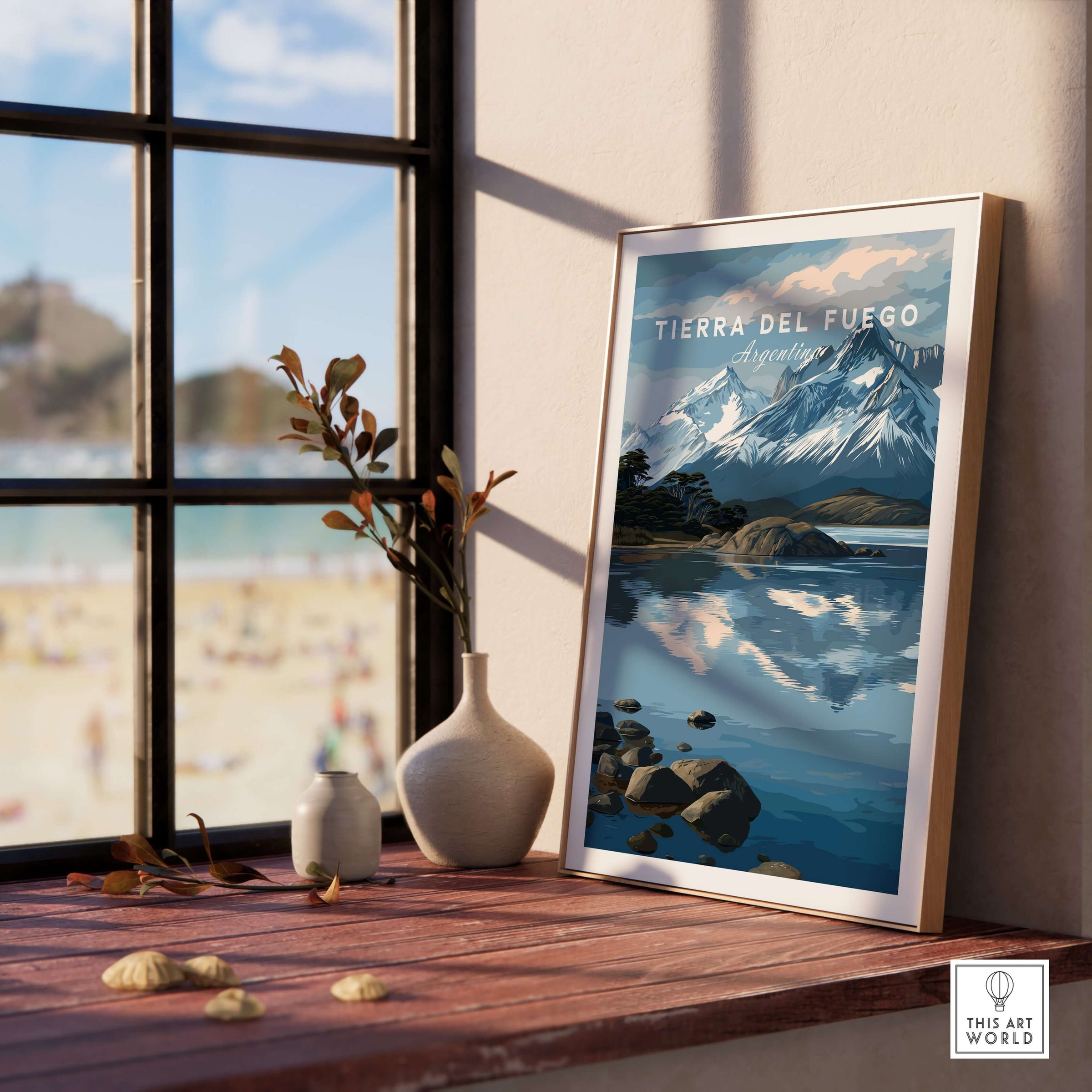 Tierra del Fuego Patagonian Alps Landscape Print | South America Poster displayed in a cozy indoor setting by a window.