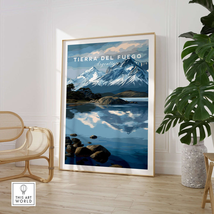 Tierra del Fuego Patagonian Alps Landscape Print | South America Poster showcased in a modern interior with a plant.