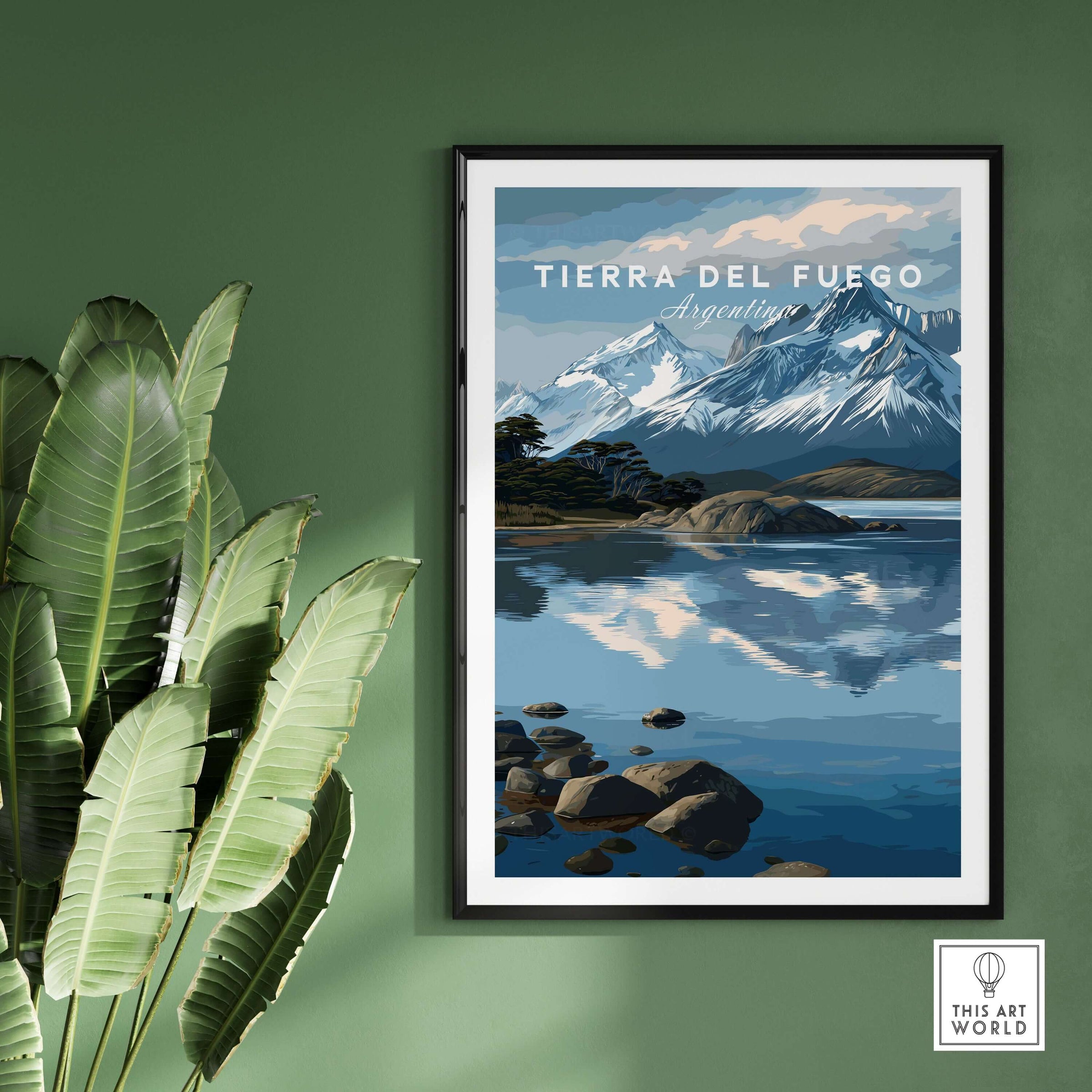 Tierra del Fuego Patagonian Alps Landscape Print | South America Poster featuring stunning mountains and serene water.