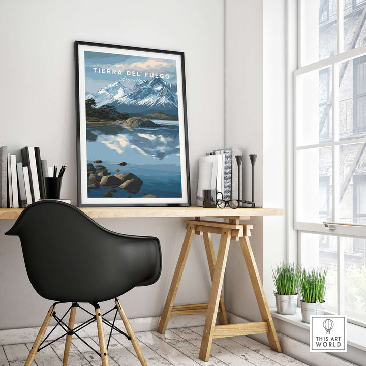 Tierra del Fuego Patagonian Alps Landscape Print | South America Poster displayed in a stylish workspace.
