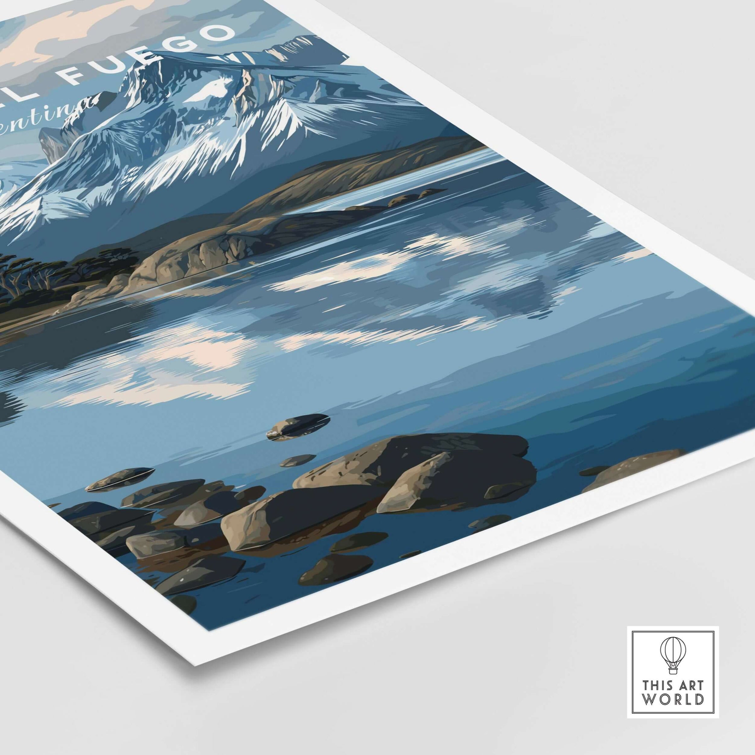 Tierra del Fuego Patagonian Alps Landscape Print | South America Poster showcasing majestic mountains and serene waters.