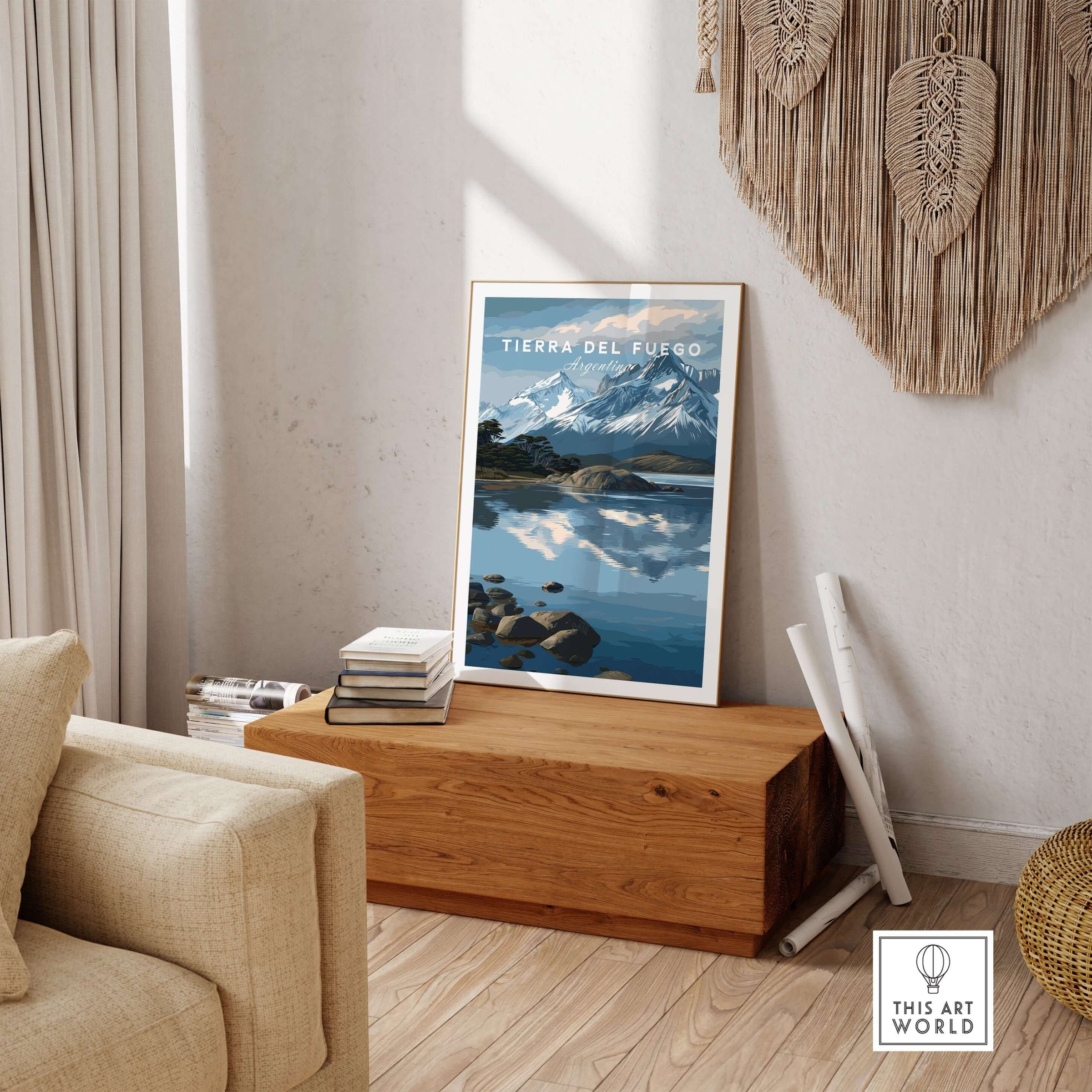 Tierra del Fuego Patagonian Alps Landscape Print | South America Poster displayed in a modern living room setting.