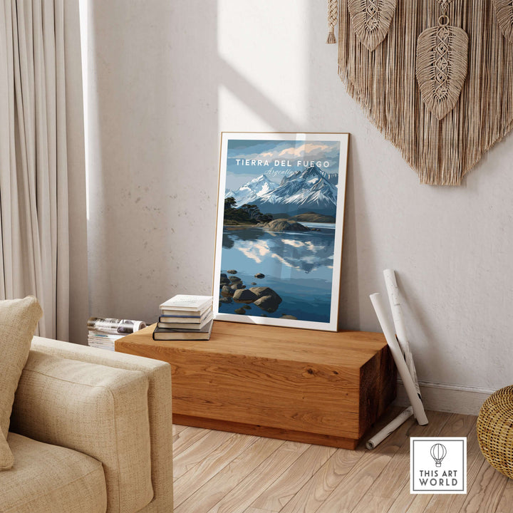 Tierra del Fuego Patagonian Alps Landscape Print | South America Poster displayed in a cozy living room setting.