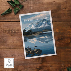 Tierra del Fuego Patagonian Alps Landscape Print | South America Poster featuring majestic mountains and serene waters.