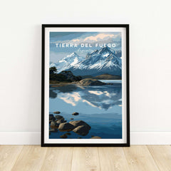 Tierra del Fuego Patagonian Alps Landscape Print | South America Poster displayed with majestic mountains and tranquil reflections.