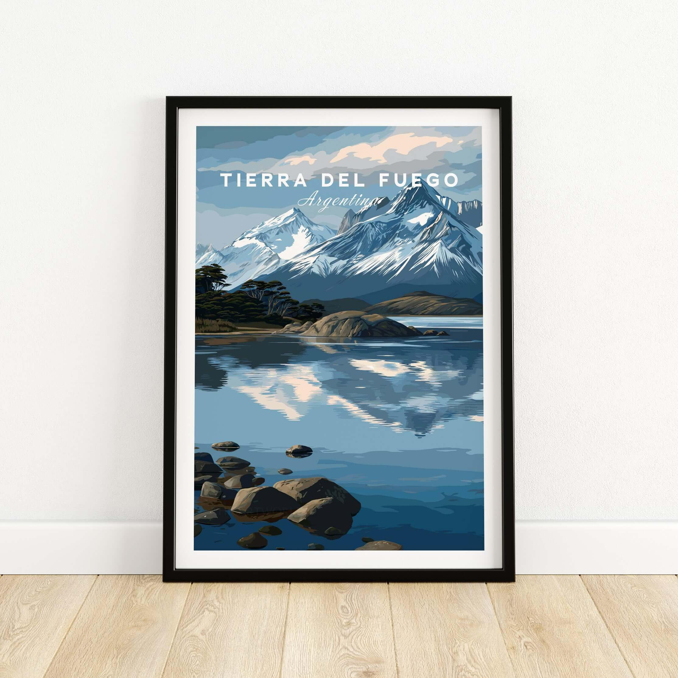 Tierra del Fuego Patagonian Alps Landscape Print | South America Poster displayed with majestic mountains and tranquil reflections.