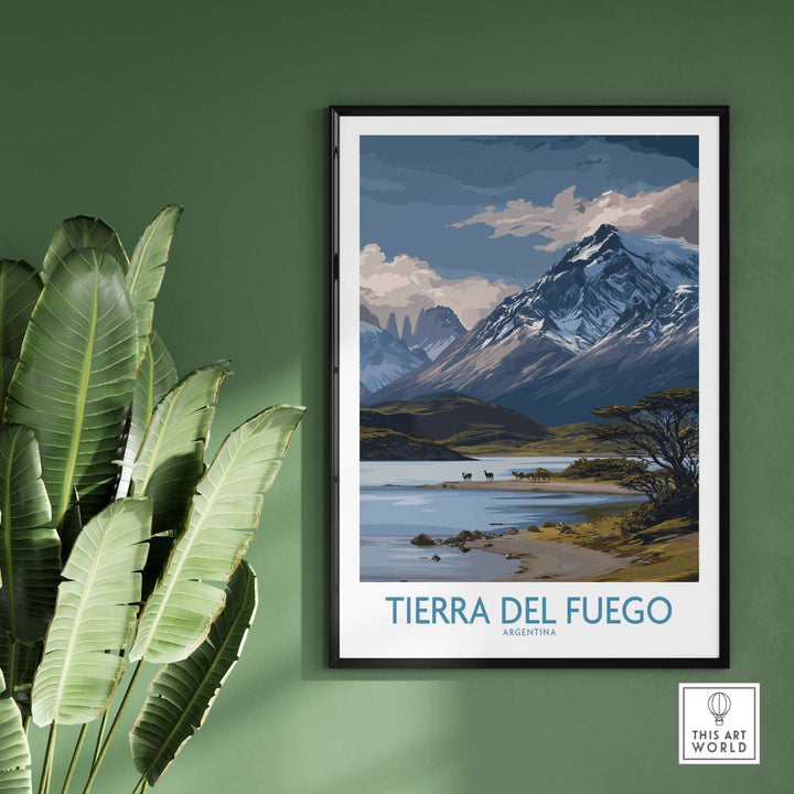 Tierra del Fuego Argentina Patagonian Wildlife Art Print | Snow-Capped Mountain Poster on a green wall.