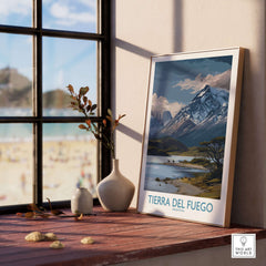Tierra del Fuego Argentina Patagonian Wildlife Art Print | Snow-Capped Mountain Poster displayed on a wooden shelf.