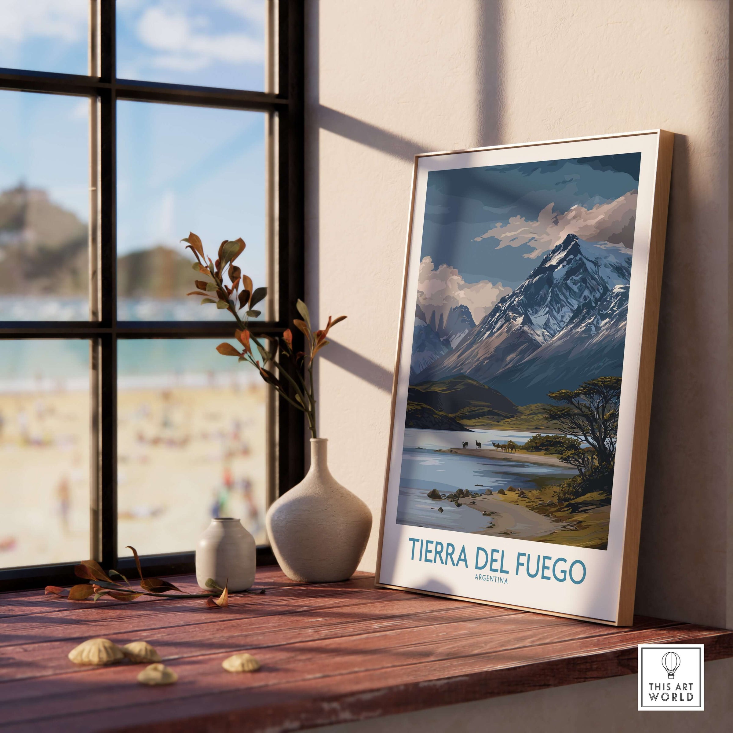 Tierra del Fuego Argentina Patagonian Wildlife Art Print | Snow-Capped Mountain Poster displayed on a wooden shelf.
