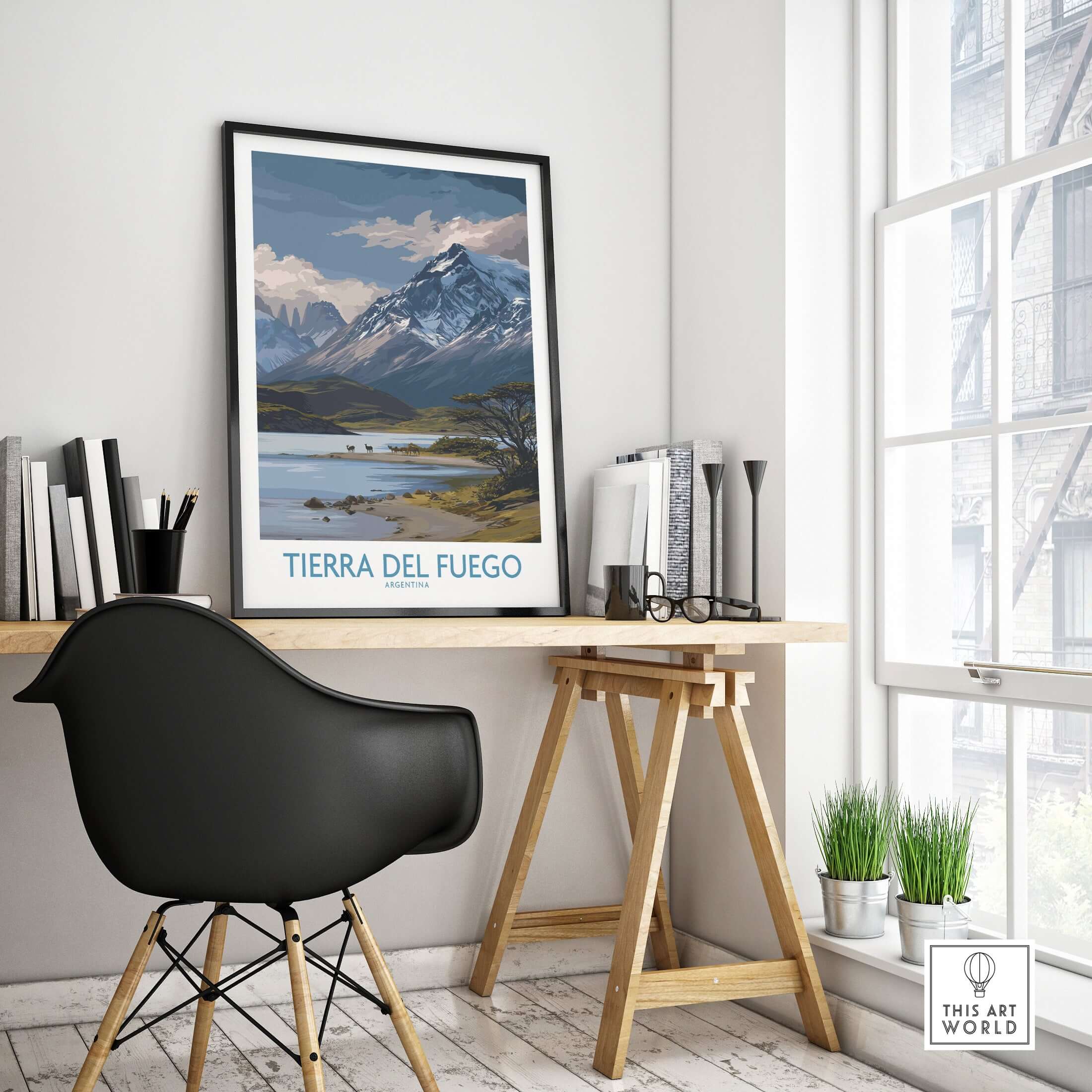 Tierra del Fuego Argentina Patagonian Wildlife Art Print | Snow-Capped Mountain Poster displayed in a modern workspace.