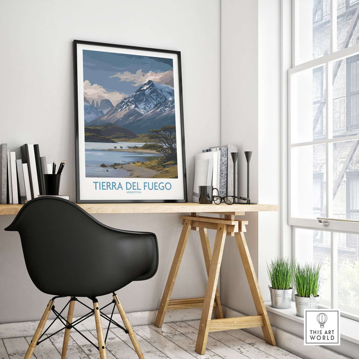 Tierra del Fuego Argentina Patagonian Wildlife Art Print | Snow-Capped Mountain Poster displayed in a modern office setting.