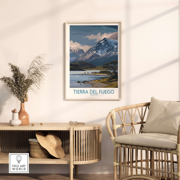 Tierra del Fuego Argentina Patagonian Wildlife Art Print | Snow-Capped Mountain Poster displayed in a modern living room.
