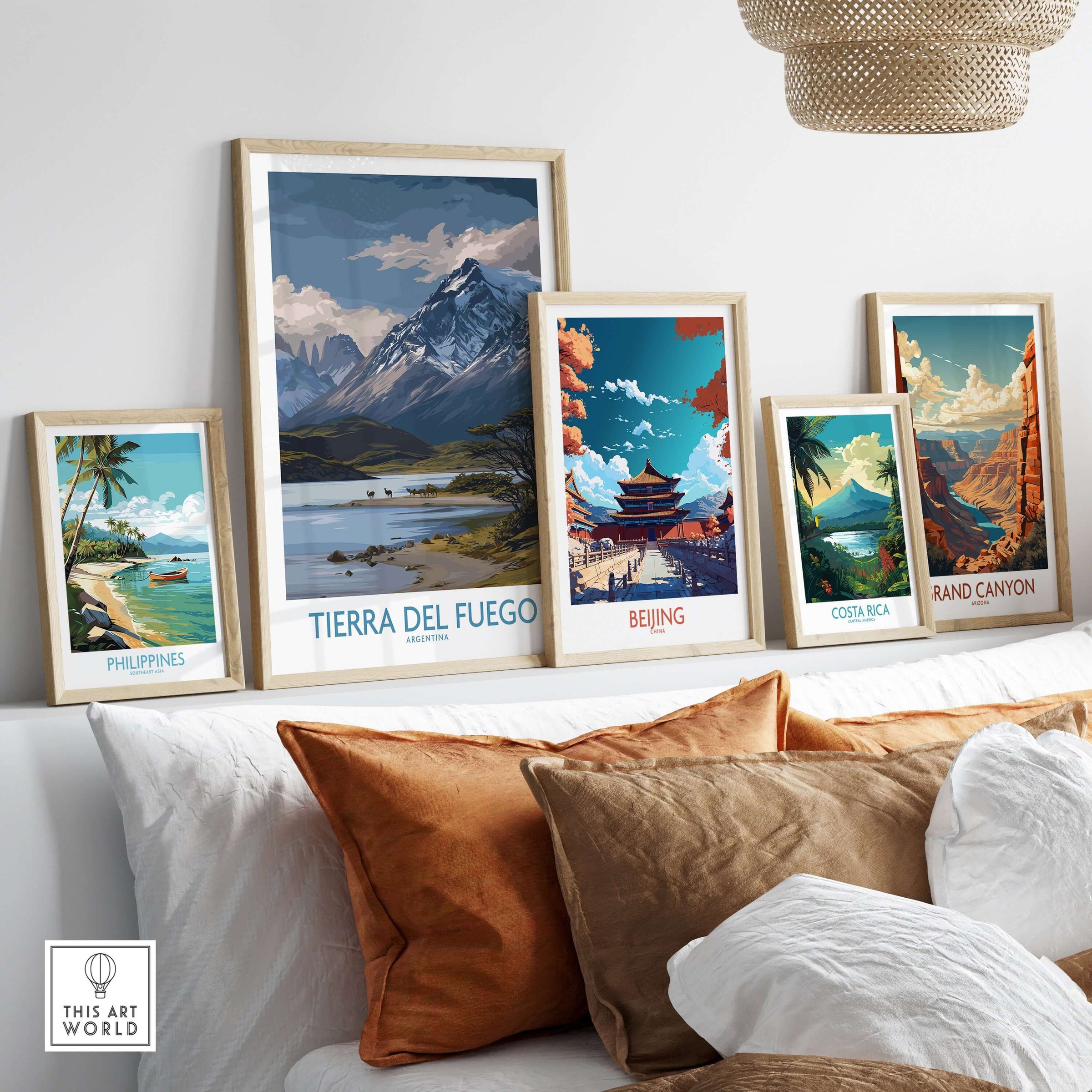 Tierra del Fuego Argentina Patagonian Wildlife Art Print | Snow-Capped Mountain Poster displayed with other travel posters.
