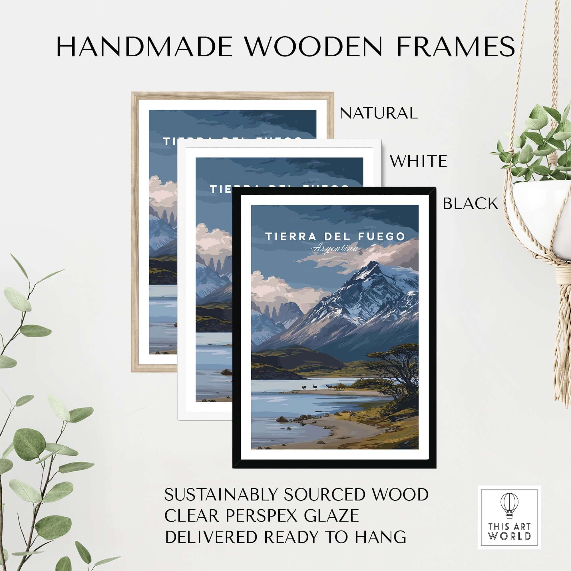 Tierra del Fuego Print | Ushuaia Travel Wall Art showcased in handmade wooden frames in natural, white, and black finishes.