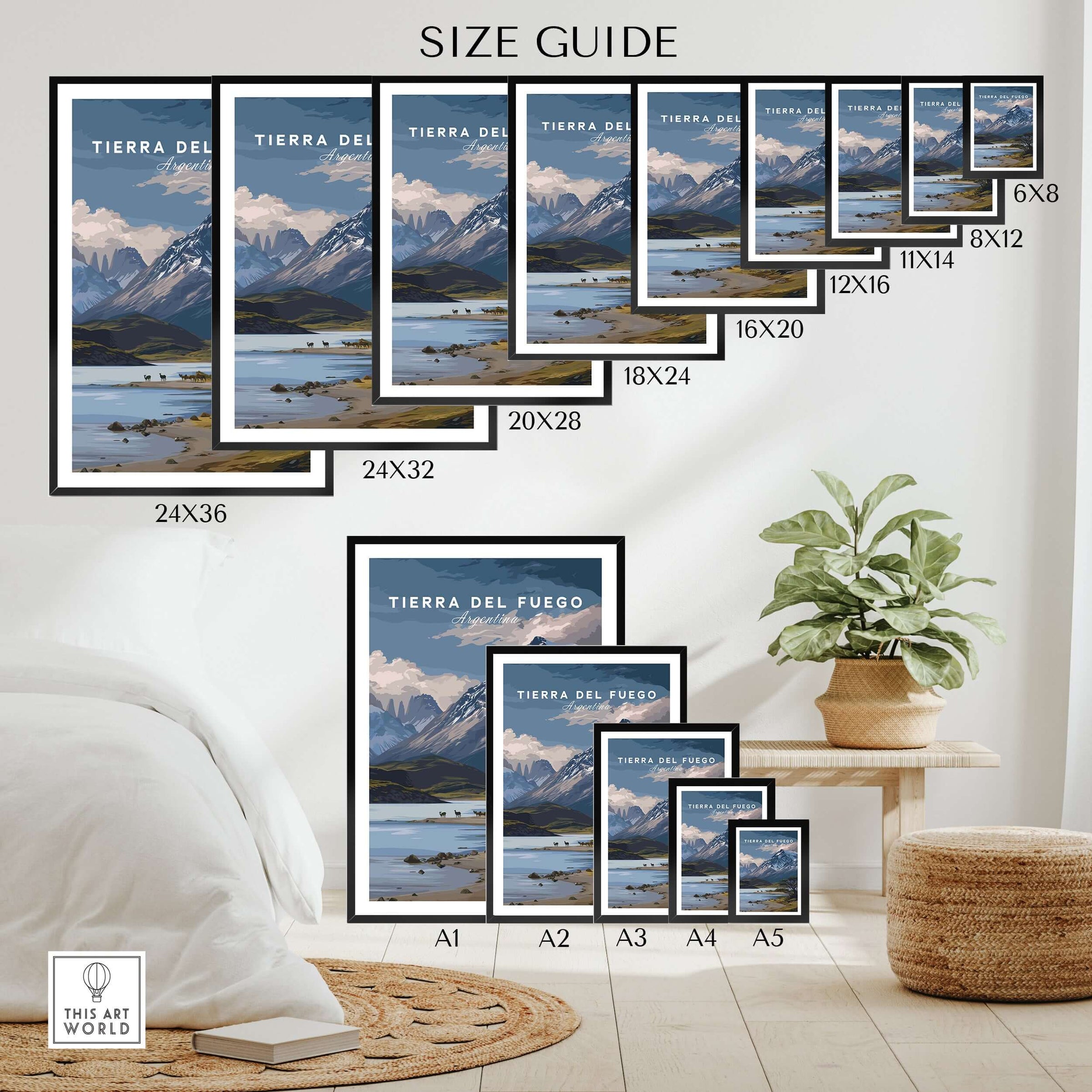 Tierra del Fuego Print | Ushuaia Travel Wall Art size guide featuring various frame options and dimensions.