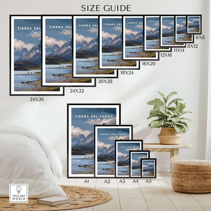 Tierra del Fuego Print | Ushuaia Travel Wall Art size guide showcasing available print sizes in a stylish home setting.