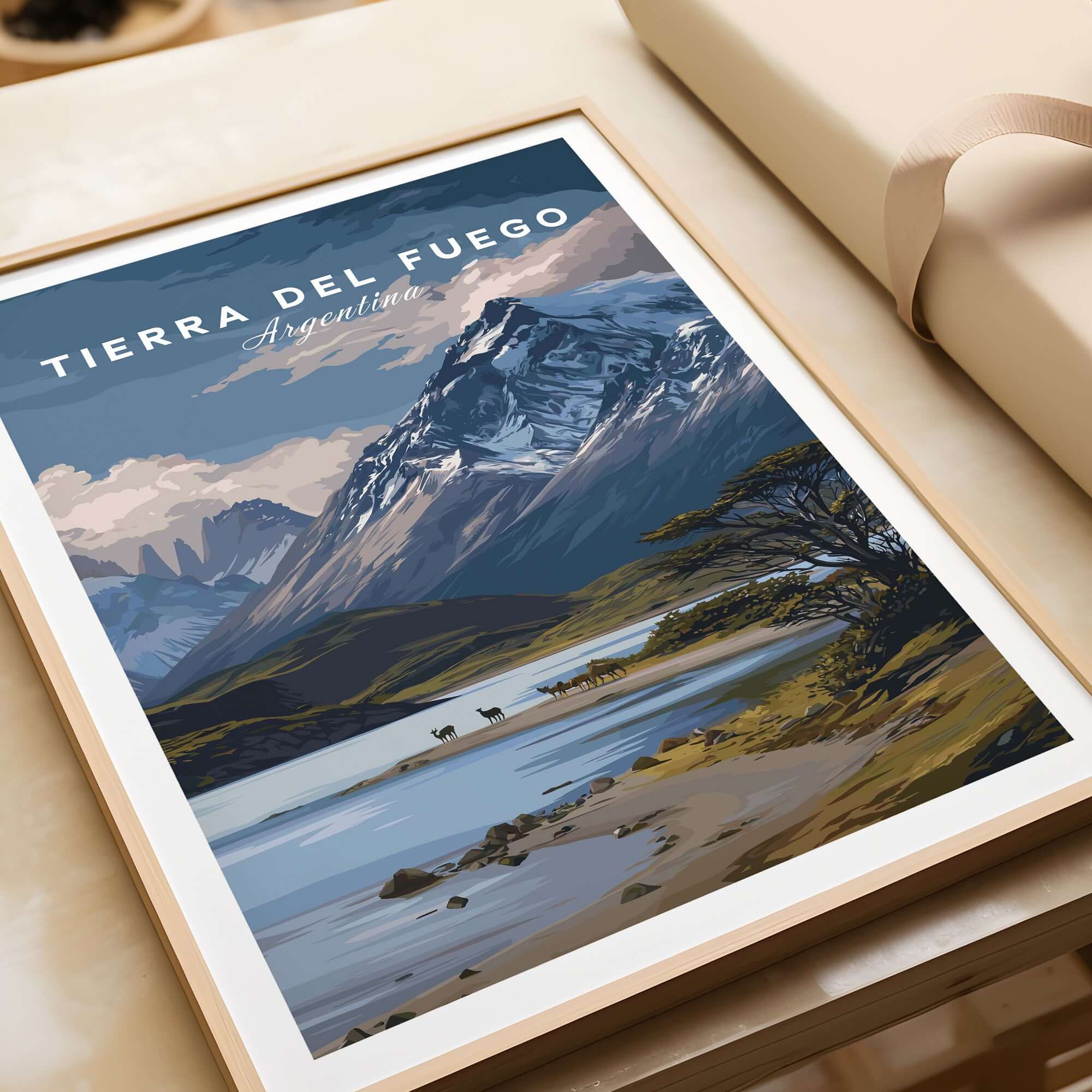 Tierra del Fuego Print | Ushuaia Travel Wall Art featuring mountains and river in a framed print.