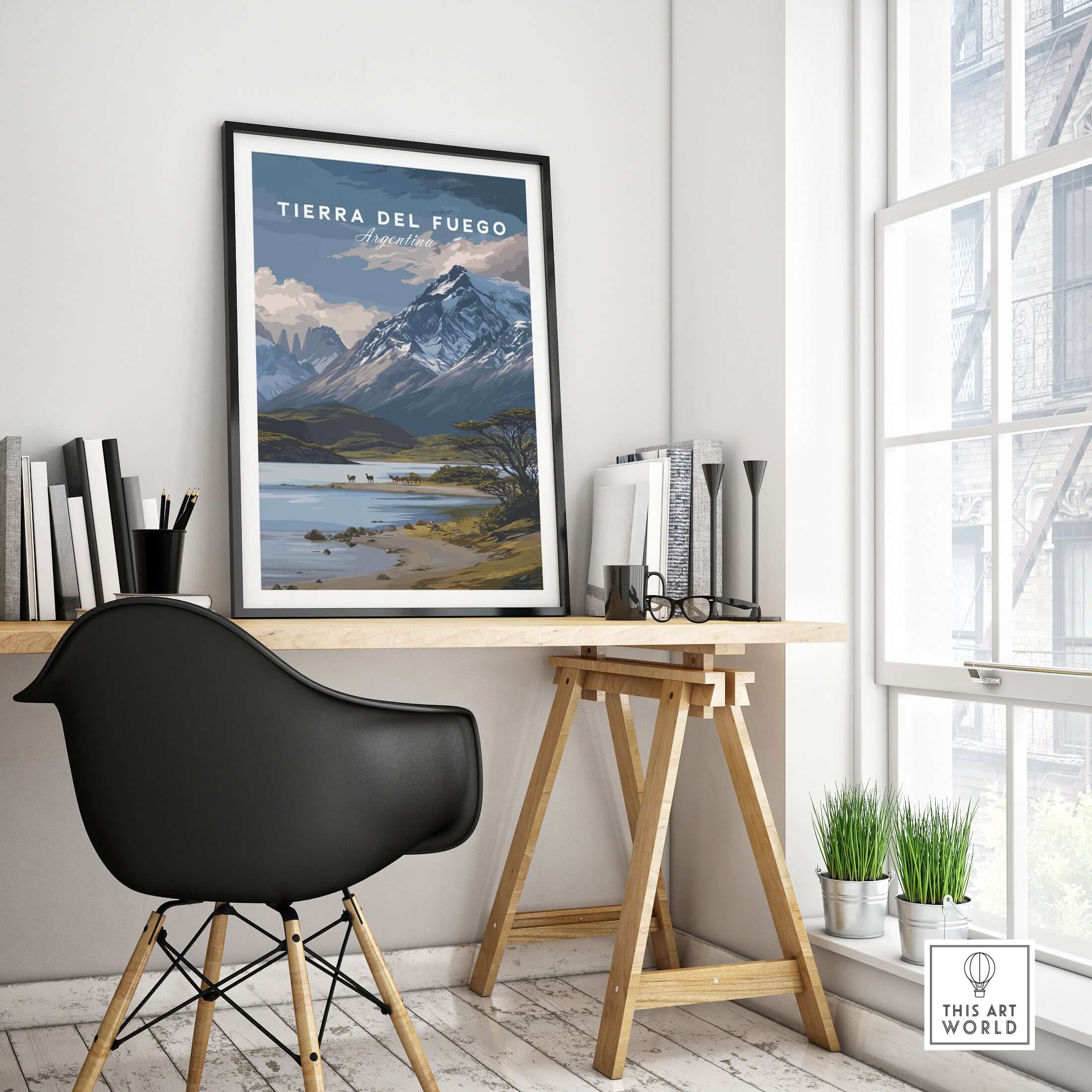 Tierra del Fuego Print | Ushuaia Travel Wall Art showcasing a scenic landscape in a stylish workspace.