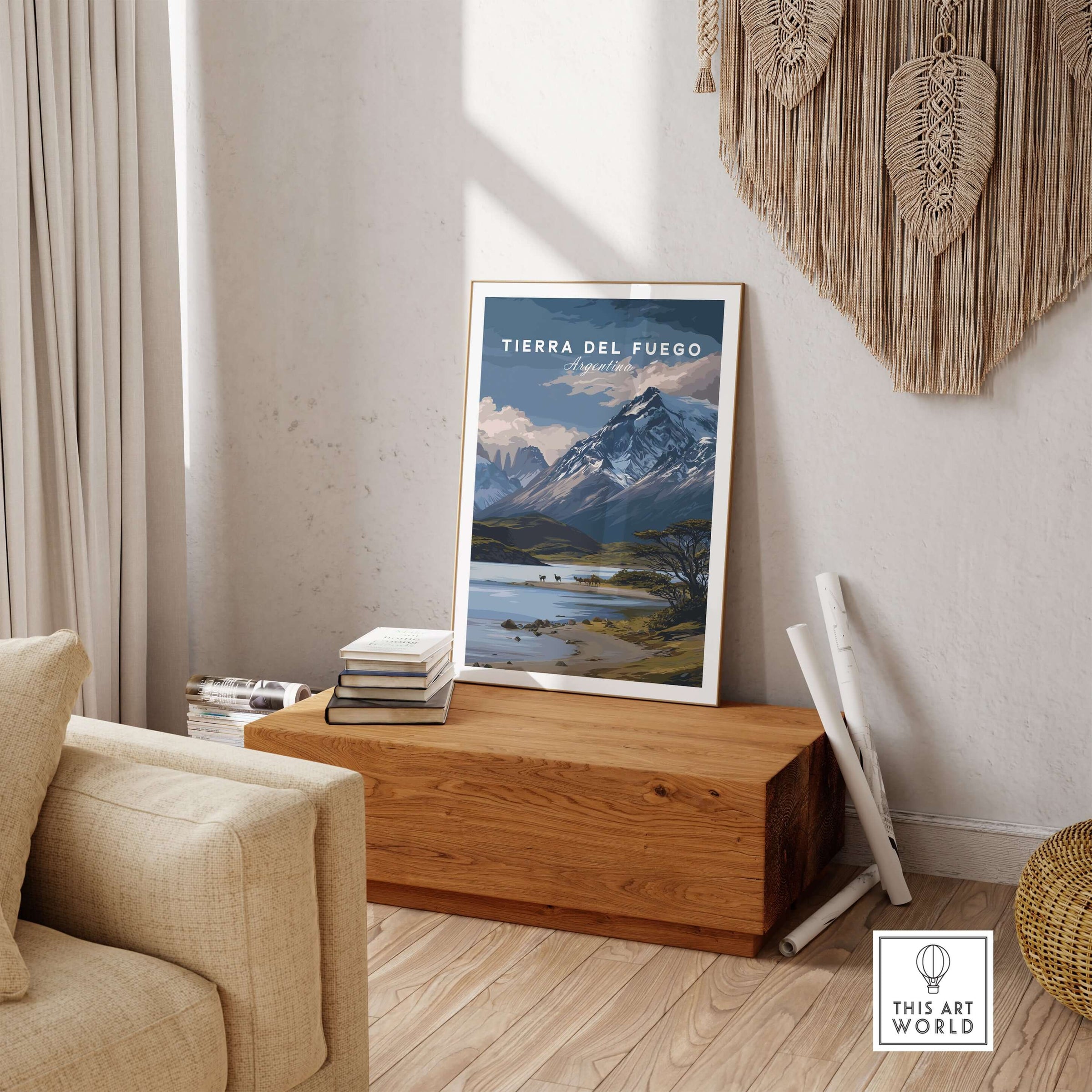 Tierra del Fuego Print | Ushuaia Travel Wall Art displayed in a cozy living room on a wooden table.