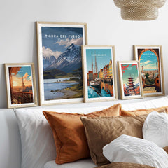 Tierra del Fuego Print | Ushuaia Travel Wall Art displayed among other travel artwork in a stylish home setting.
