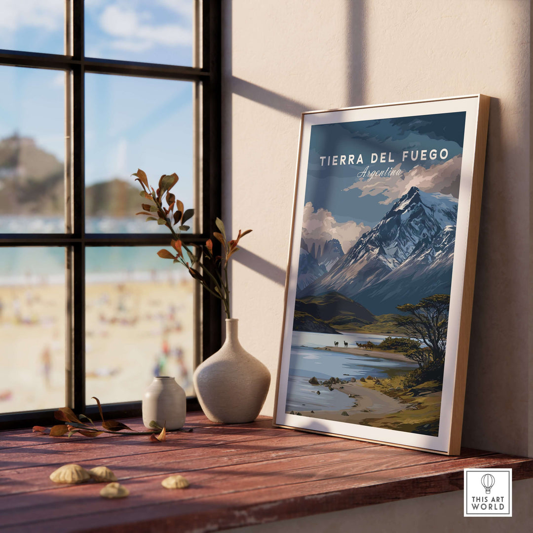 Tierra del Fuego Print | Ushuaia Travel Wall Art displayed in a cozy interior with a scenic window view.