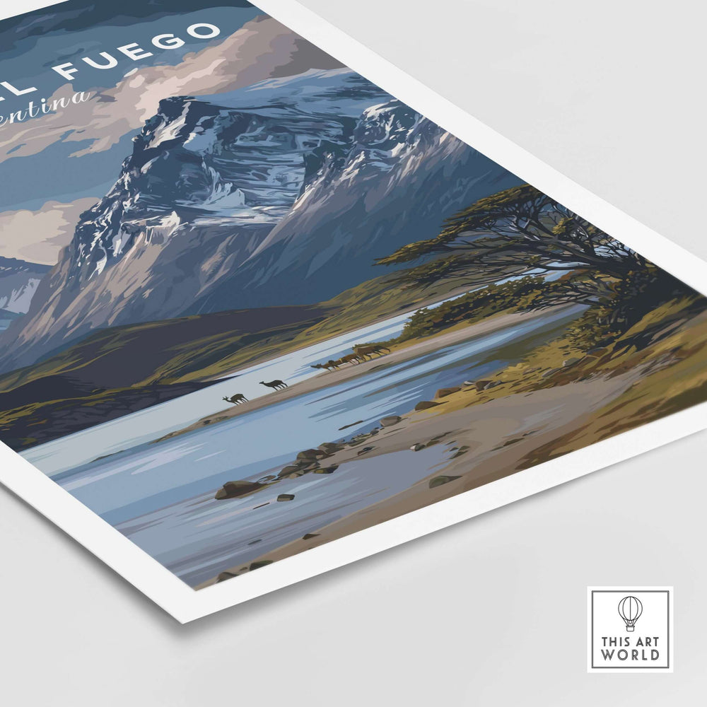 Tierra del Fuego Print | Ushuaia Travel Wall Art showcasing dramatic mountain landscapes and serene water.