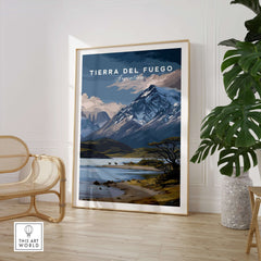 Tierra del Fuego Print | Ushuaia Travel Wall Art featuring stunning mountain landscapes and a serene lake.