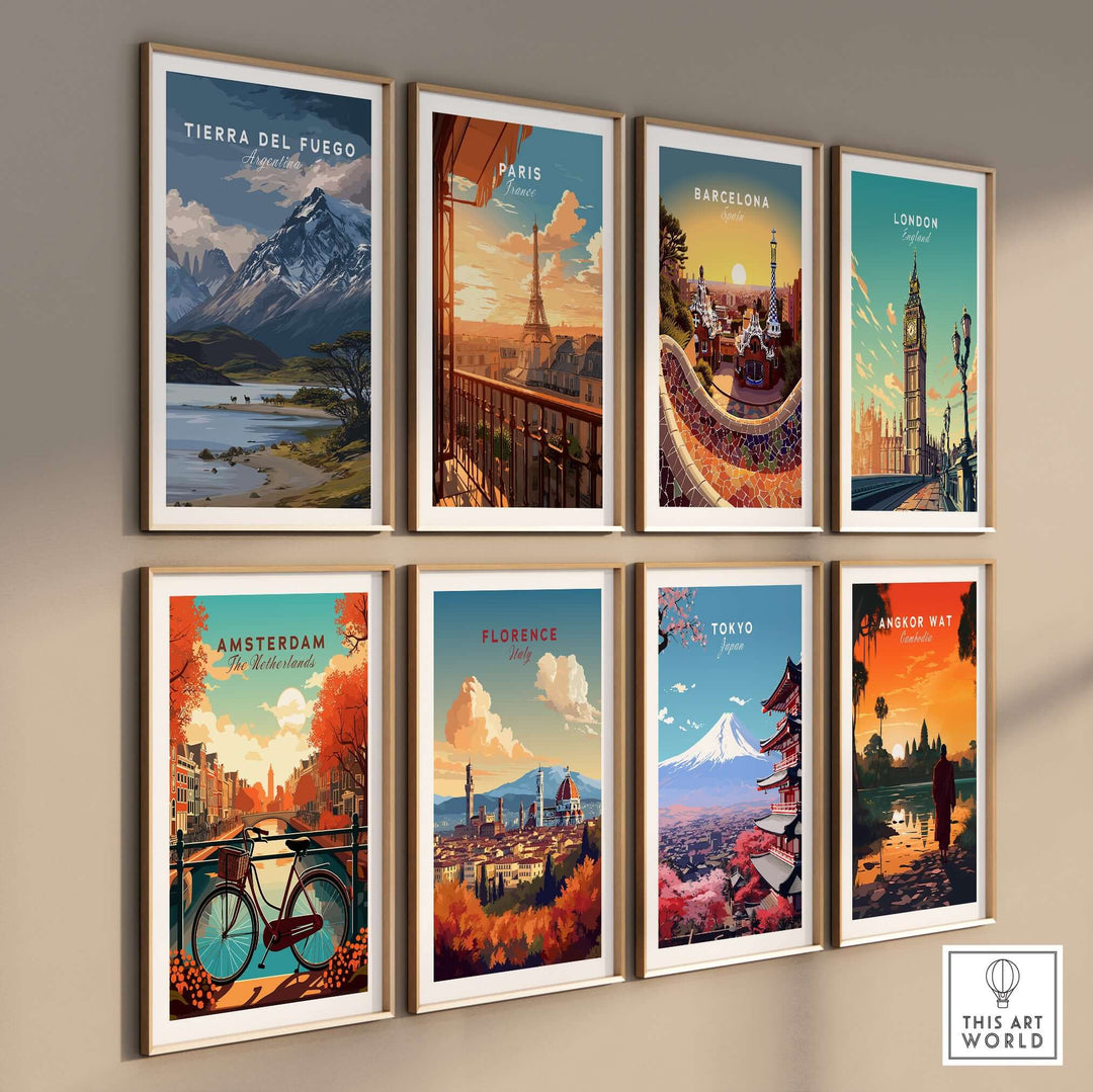 Tierra del Fuego Print | Ushuaia Travel Wall Art displayed with other city travel prints in a stylish gallery wall.
