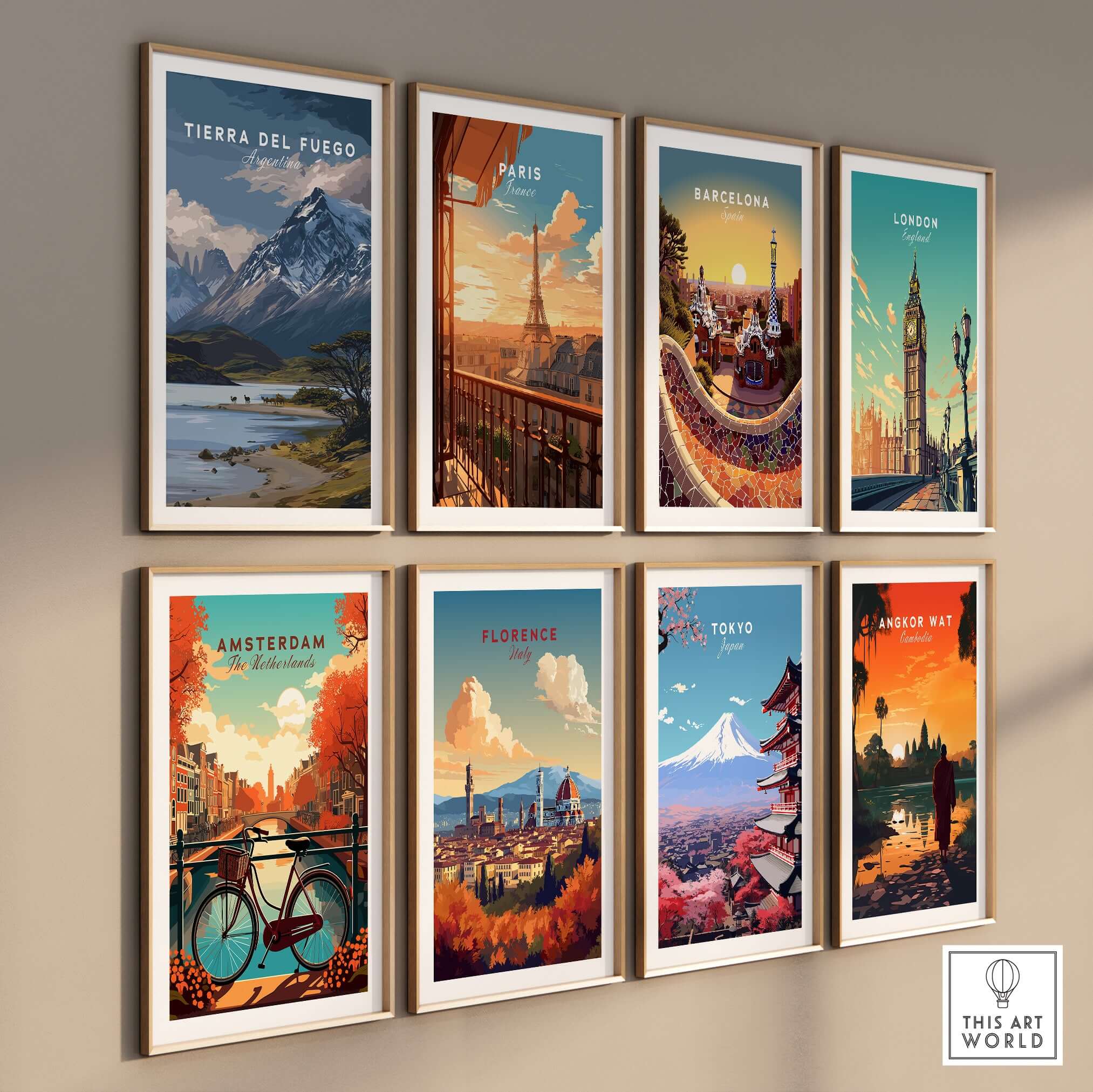Tierra del Fuego Print | Ushuaia Travel Wall Art displayed among various city-themed travel posters.