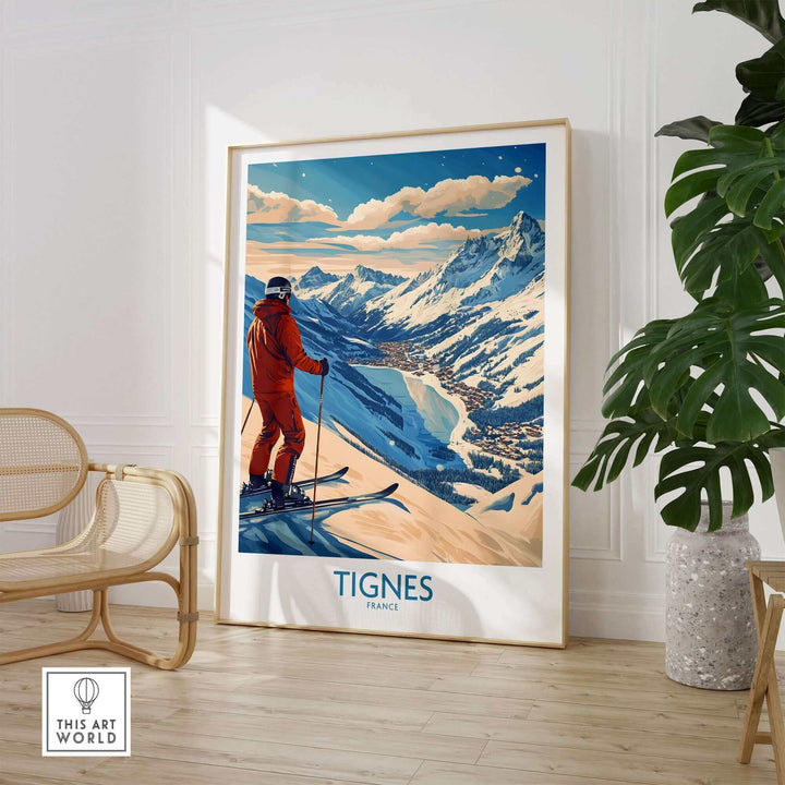 Ski Poster featuring Tignes, France. Scenic mountain view with skier, perfect for winter sports enthusiasts and art lovers.