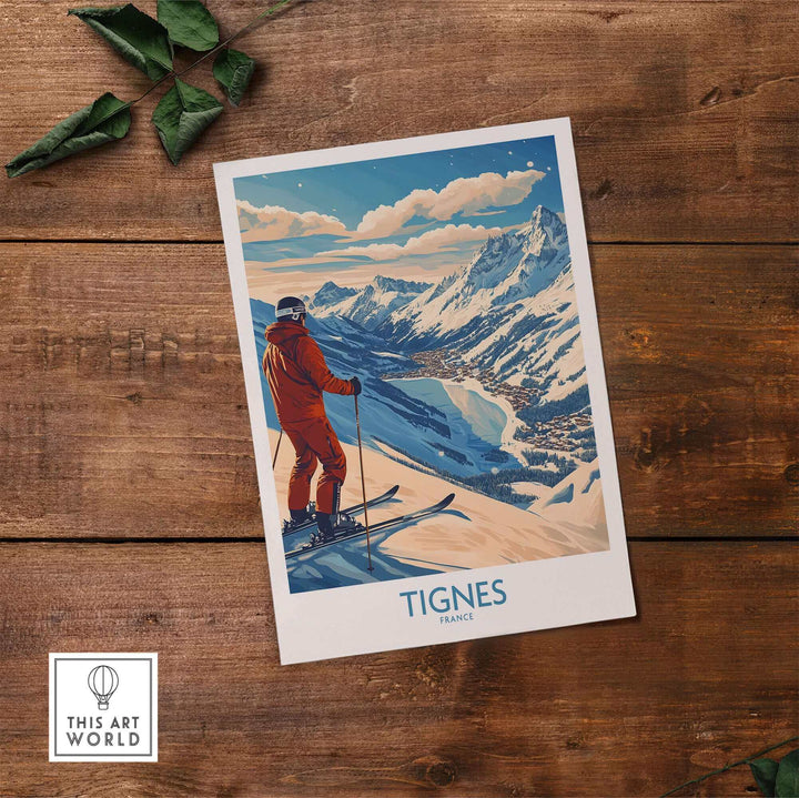 Tignes Ski Poster Print featuring a skier with snowy mountains, perfect for winter sports enthusiasts and decor lovers.