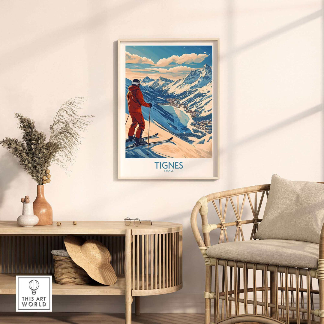 Tignes ski poster print in a modern living room setting, featuring vibrant French Alps artwork and cozy decor.